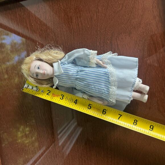 Vintage Porcelain Doll in Blue and White Dress – 8” Tall - Picture 13 of 14